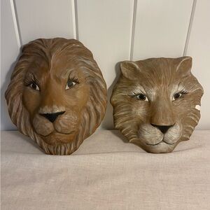 Vintage wild cat lion lioness wall hanging mask art 3D face MCM brown figure SET